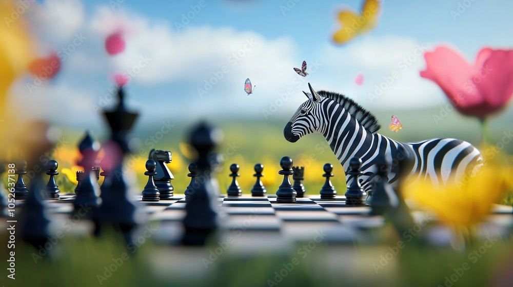 Obraz premium A zebra on a chessboard in a flower field with a butterfly flying above