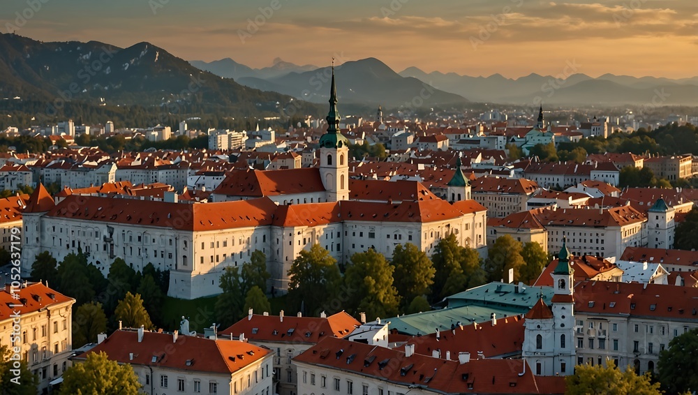 Obraz premium Aerial view of Ljubljana, Slovenia, featuring its castle and red-roofed houses at sunset.