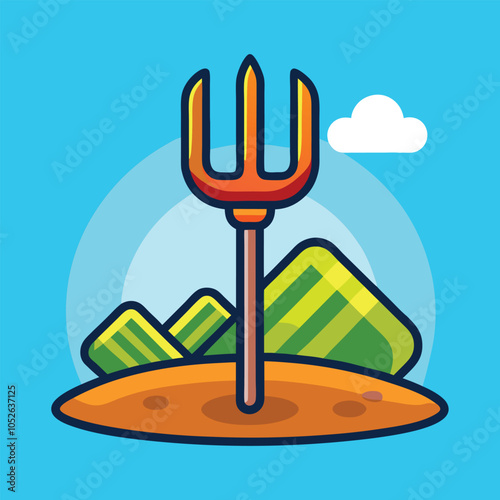 A cartoon pitchfork stands in a field.