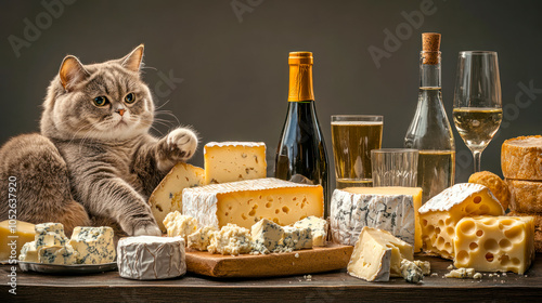 Happy cat and a lot of cheese, still life photo