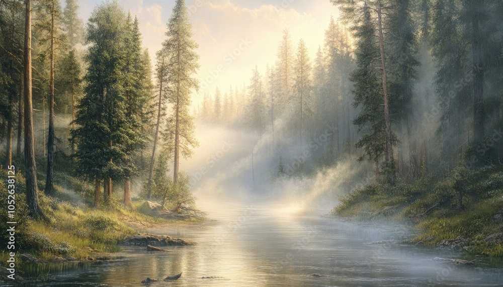 Misty Morning River in a Forest of Pine Trees, Tranquil and Serene Nature, Sun Rays Through Fog Misty Morning River in a Forest of Pine Trees, Tranquil and Serene Nature, Sun Rays Through Fog