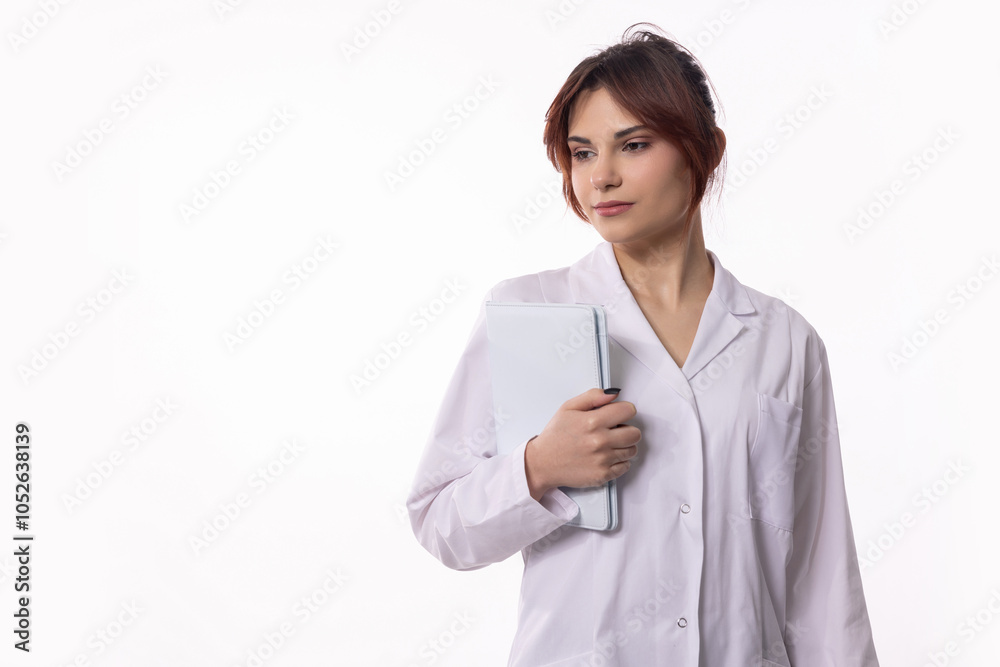 A Female Medical Professional Dressed in a White Coat while Holding a Tablet Device A Female Medical Professional Dressed in a White Coat while Holding a Tablet Device