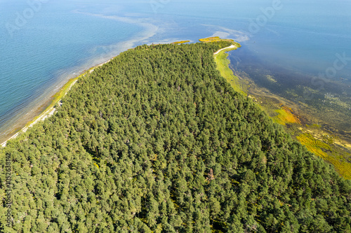 Aerial view of Saare Nina peninsula on Hiiumaa island in Estonia, Summer 2024 and its surroundings