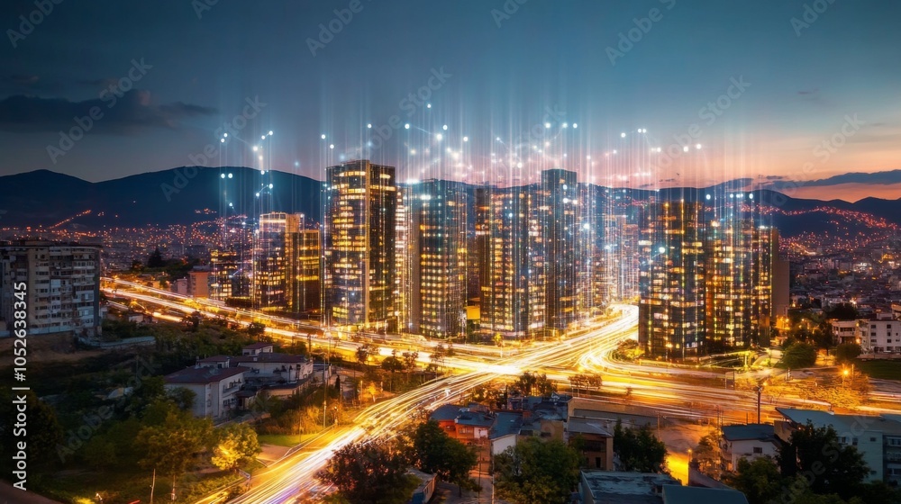 Obraz premium Cityscape at Dusk with Digital Effects