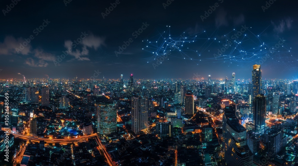 Fototapeta premium Urban Nightscape with Digital Connections View