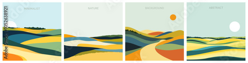 Abstract flat minimalist fields design landscape square posters set. Green blue yellow colors. Hills meadow sun trees. Interior poster cover banner wall art design. Retro nature graphic meadow. Vector
