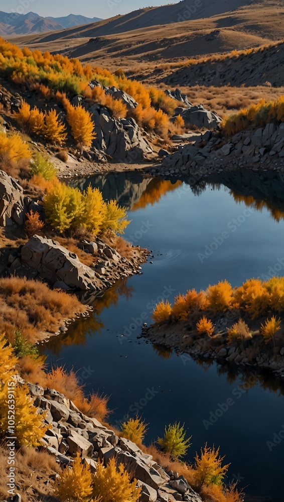 Naklejka premium Another autumn view of Toad Dam, Wulan Butong Township, Inner Mongolia.