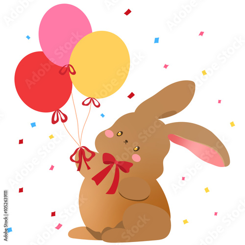 Cute Brown Bunny with Balloons and Confetti Vector Adorable Party Animal Illustration for Celebrations and Kids' Designs