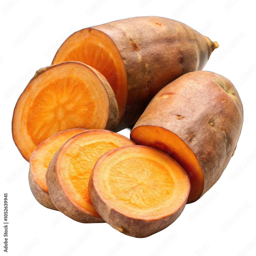two sweet potato and three slices isolated on transparent background two sweet potato and three slices isolated on transparent background