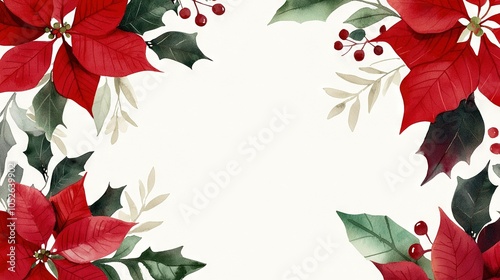   Poinsettias & Holly Watercolor Painting on White Background with Text Space