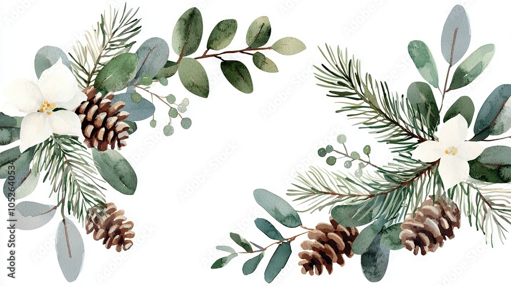 Fototapeta premium Watercolor Christmas wreath on white background with white flowers, green foliage, and pinecones
