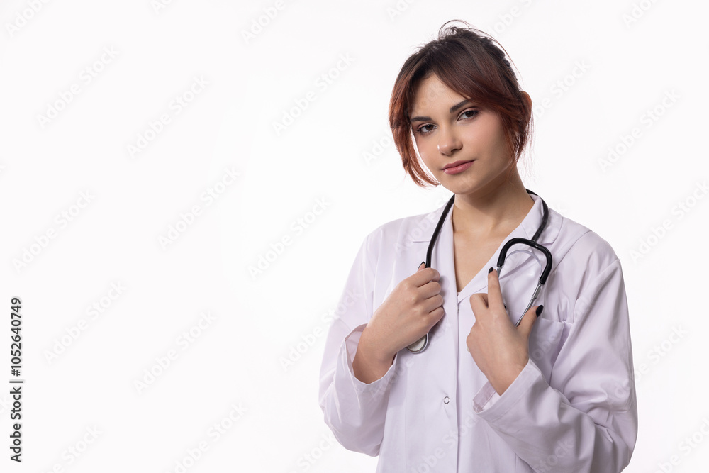A Young Female Doctor Wearing a Stethoscope and a White Coat in a Medical Setting A Young Female Doctor Wearing a Stethoscope and a White Coat in a Medical Setting