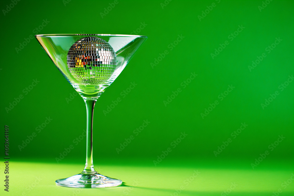 Cocktail party with disco ball on green background. Disco party, retro fashion. Modern stylish banner template for holiday card, banner, flyer, menu with space for text