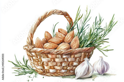 A charming basket filled with almonds and garnished with herbs and garlic, showcasing a fresh, rustic aesthetic. photo