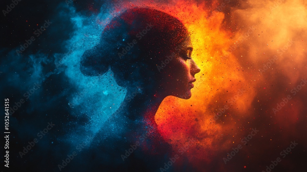 A stunning double exposure silhouette filled with vibrant colors and ethereal patterns at twilight A stunning double exposure silhouette filled with vibrant colors and ethereal patterns at twilight