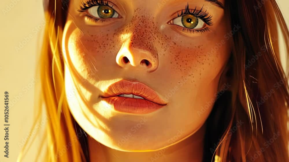 A young woman with freckles looks up, illuminated by the golden sunlight A young woman with freckles looks up, illuminated by the golden sunlight