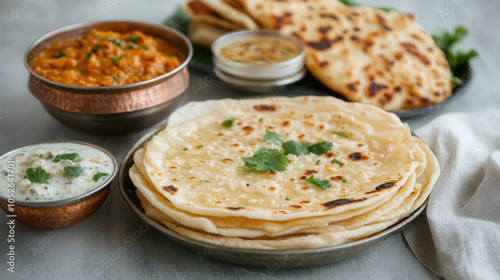 Traditional South Indian meal featuring freshly made bread, curry, and chutneys served on a simple table against a clean white backdrop, food background Traditional South Indian meal featuring freshly made bread, curry, and chutneys served on a simple table against a clean white backdrop, food background
