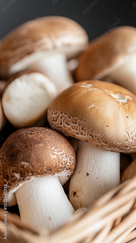 A woven basket filled with fresh mushrooms showcasing macro details and earthy tones in a studio setting, food background A woven basket filled with fresh mushrooms showcasing macro details and earthy tones in a studio setting, food background
