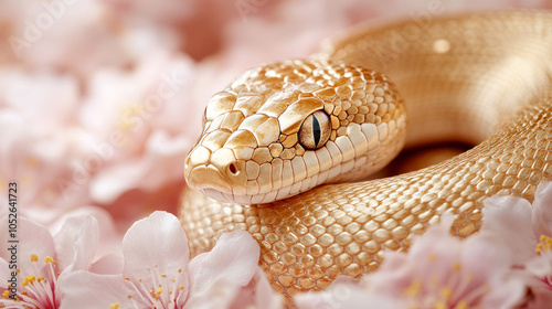 Fantastic golden snake in pink flowers