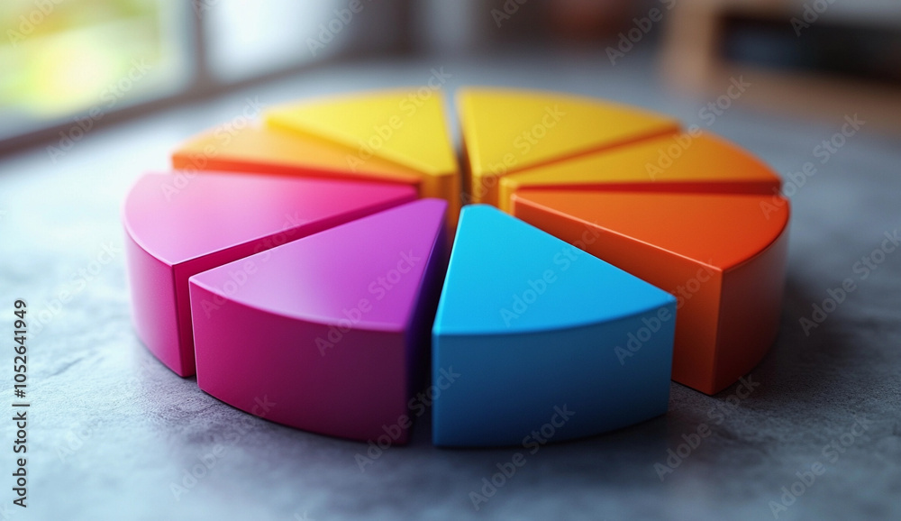 Fototapeta premium Colorful 3D pie chart on a sleek white background, showcasing vibrant segments in an engaging design perfect for data visualization concepts