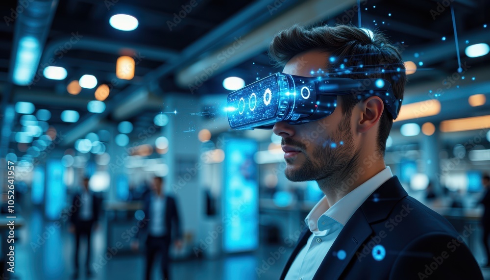 Man using VR headset in a modern tech environment
Man using VR headset in a modern tech environment