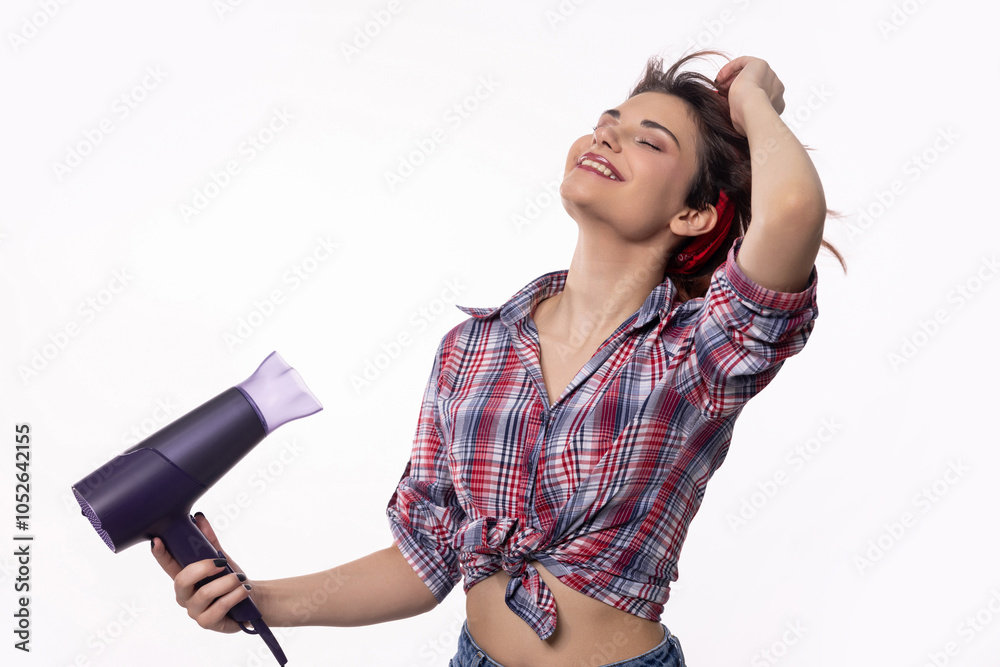 Stylish and Vibrant Young Woman Using a Hair Dryer in a Modern and Chic Setting Today Stylish and Vibrant Young Woman Using a Hair Dryer in a Modern and Chic Setting Today