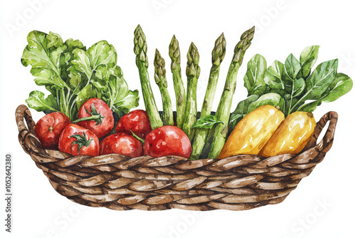 A colorful basket filled with fresh vegetables, including tomatoes, asparagus, and leafy greens, showcasing vibrant colors and healthy produce.