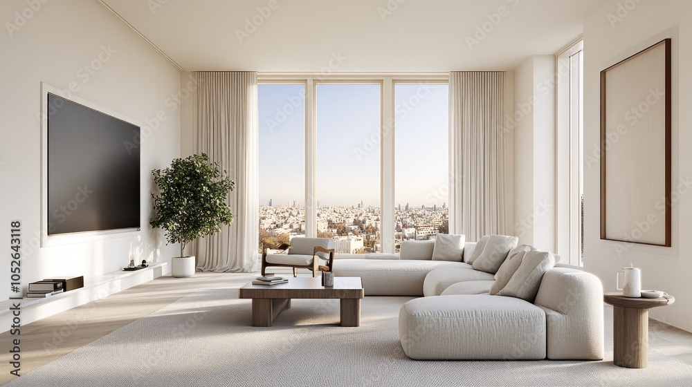 Fototapeta premium A stylish living room features elegant decor, city views, and warm lighting, creating a cozy atmosphere in a Tel Aviv apartment