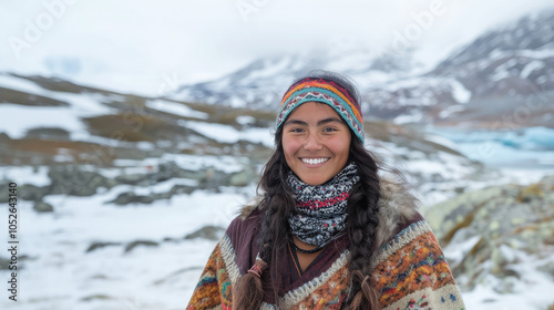 young smiling indigenous greenlandic woman with black hair against northern greenland landscape, national clothes, nuuk, winter, fjords, snow, people photo