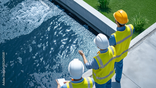 Engineers oversee controlled water release at a facility in day time photo