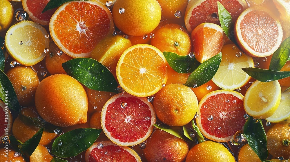 Oranges, lemons, and grapefruits combine in a blend of water drops and foliage Oranges, lemons, and grapefruits combine in a blend of water drops and foliage