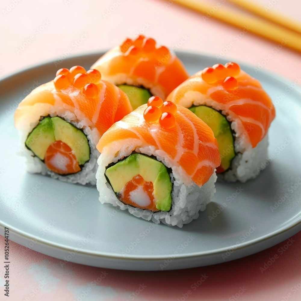 Delicious sushi rolls with salmon and avocado served on a circular plate with chopsticks Delicious sushi rolls with salmon and avocado served on a circular plate with chopsticks