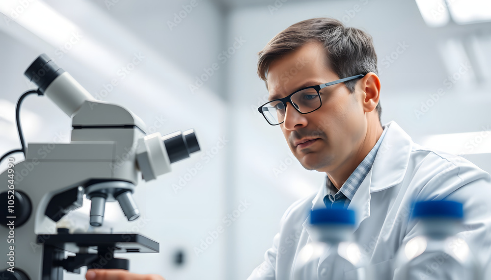 Healthcare, man and scientist with microscope in lab of experiment research, medical data or studying bacteria. Researcher, check and biotechnology for pharmaceutical development of vaccine solution Healthcare, man and scientist with microscope in lab of experiment research, medical data or studying bacteria. Researcher, check and biotechnology for pharmaceutical development of vaccine solution