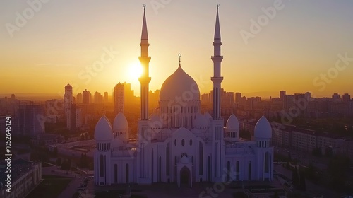 Aerial view of Astana, Kazakhstan, featuring a large white mosque against a stunning sunset backdrop. photo