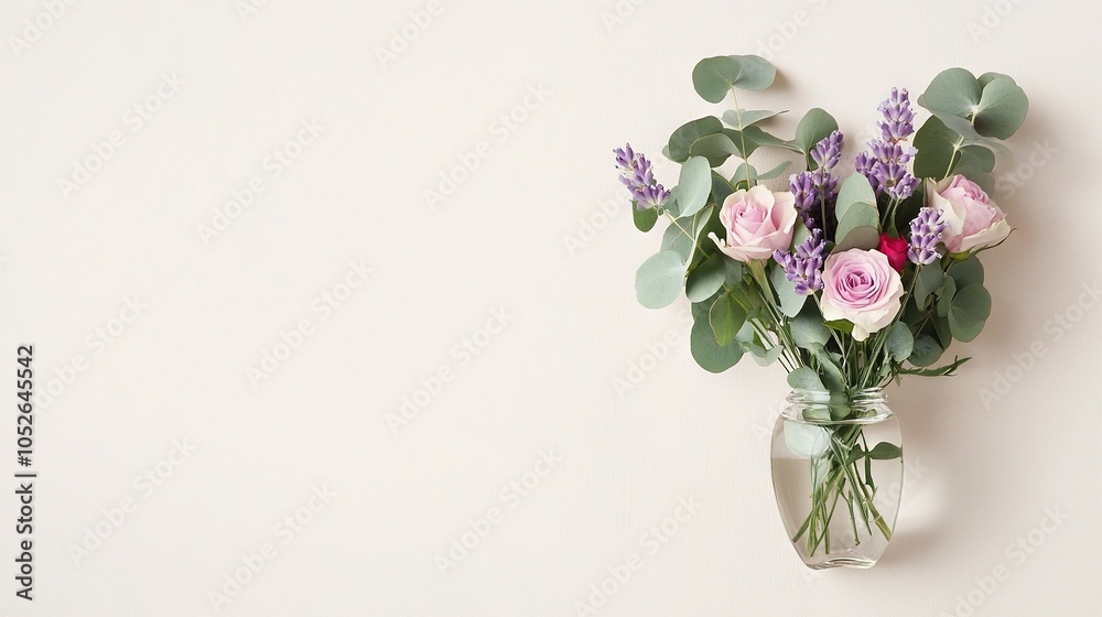 Obraz premium A vase with pink and purple flowers sits atop a white wall, alongside a lush green plant