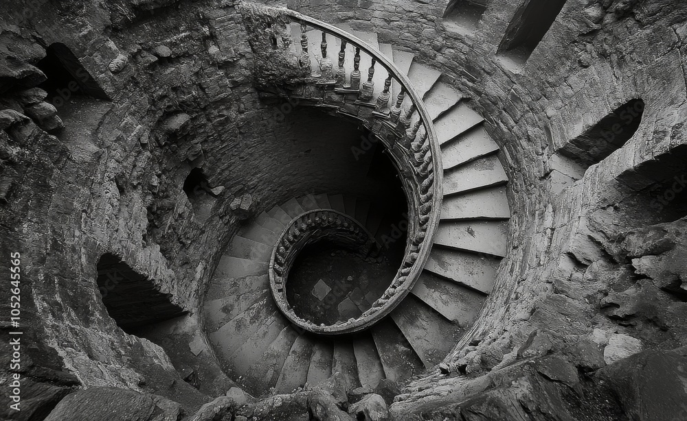 Spiral stone staircase surrounded by trees in a tranquil forest setting during daylight Spiral stone staircase surrounded by trees in a tranquil forest setting during daylight