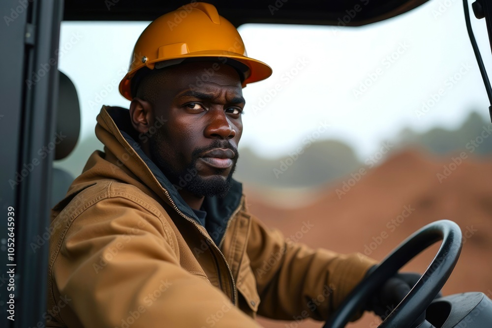 Portrait of a Black Man Driver sitting in the driver's cabin, Construction Worker. Professional Vehicle Driver. Work Carried out on a Construction Site against the background Portrait of a Black Man Driver sitting in the driver's cabin, Construction Worker. Professional Vehicle Driver. Work Carried out on a Construction Site against the background