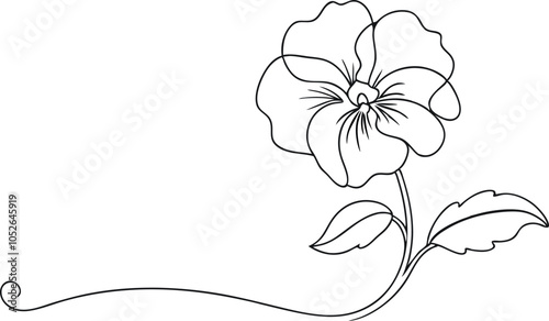 Pansy Flower with Branch in Line Drawing Minimalist Floral Design