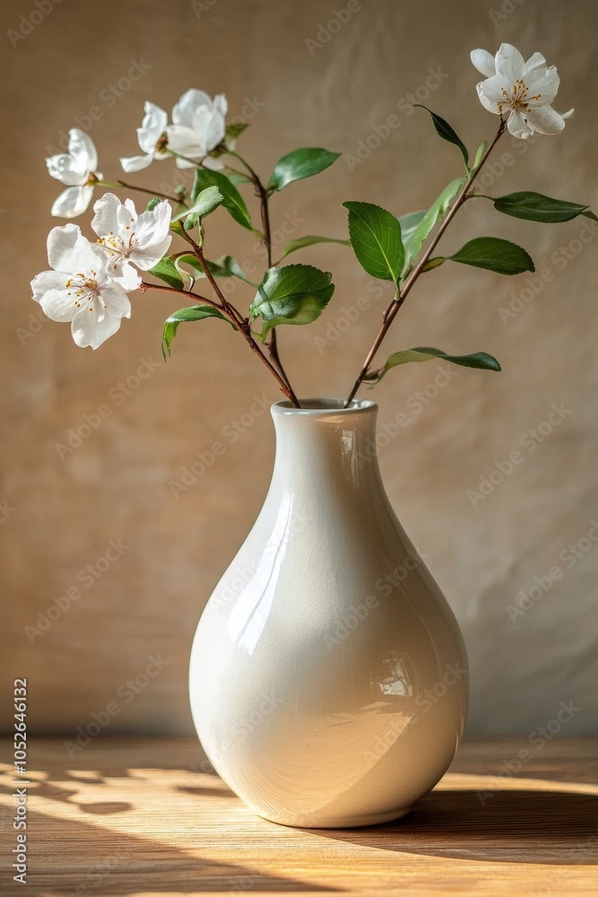 Elegant vase with branches and leaves on a wooden table illuminated by soft sunlight