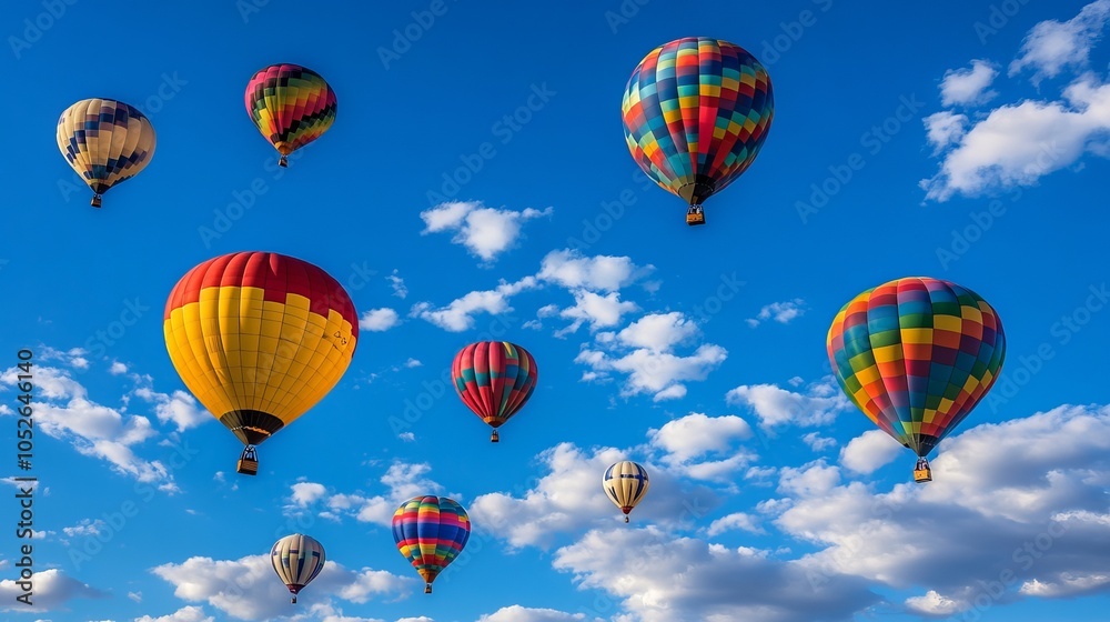 Obraz premium Balloons of many colors floating in a bright blue sky with fluffy white clouds