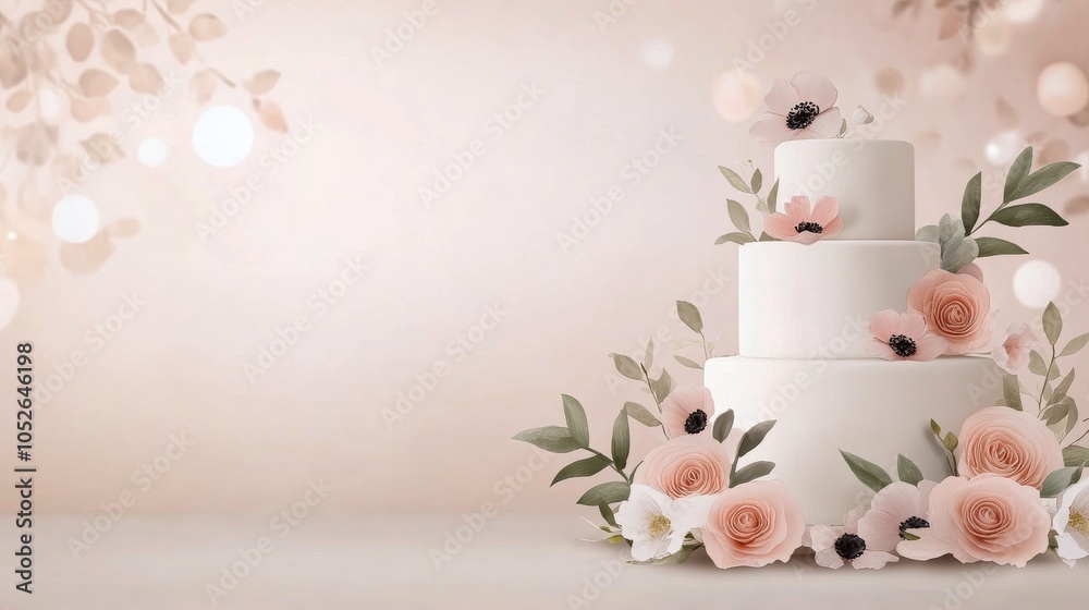 Elegant three tier wedding cake adorned with flowers and greenery in a pastel setting Elegant three tier wedding cake adorned with flowers and greenery in a pastel setting