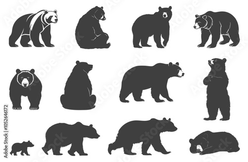 Bear silhouette set. Sitting walking sleeping with little bear. Strong wild woodland animal. Wildlife brown grizzly bear design element. Nature predator mammal. Flat black style isolated vector