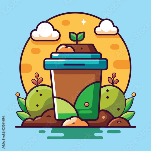 Cute cartoon illustration of a coffee cup with a plant growing out of it.