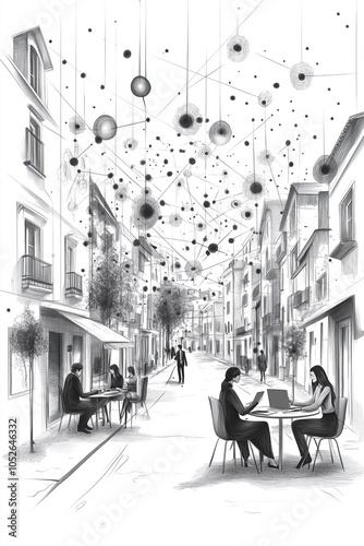 Two women working on laptops in a charming street with artistic ceiling decor.
