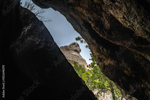 The profile of George Washington visible through a break in the rocks photo