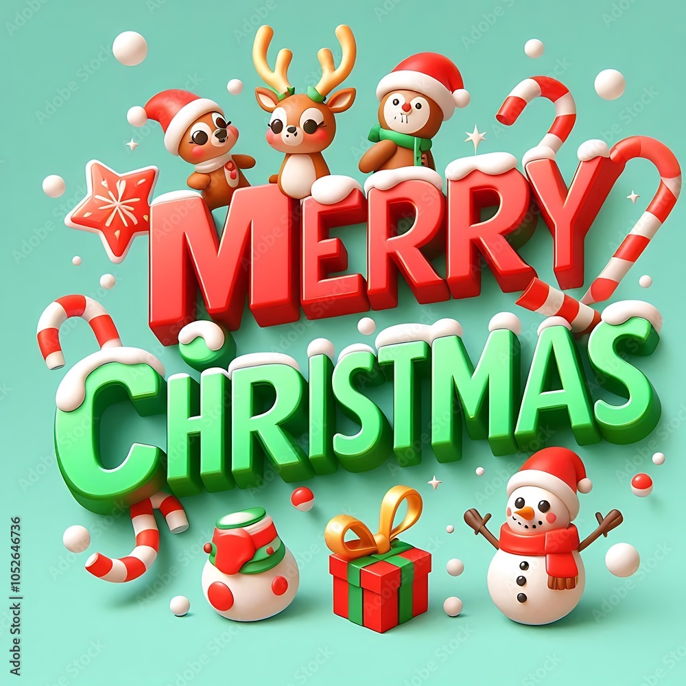 Fototapeta premium 3D Christmas Greeting with Cartoon Characters and Festive Elements
