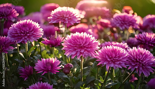 purple chrysanthemum flowers bloom beautifully sunlight bushy green stems every summer season outside gardens everywhere