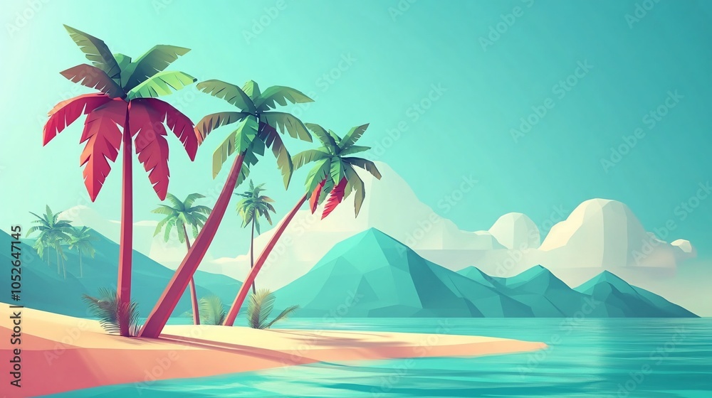 Fototapeta premium A low-poly illustration of a tropical beach with palm trees and mountains in the background.