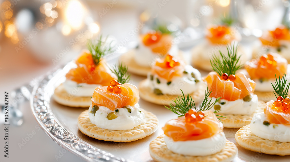 Gourmet Salmon and Caviar with Crackers, Appetizers on Silver Plate, Table Perfect for New Year’s Eve Party, Snack Ideas. Gourmet Salmon and Caviar with Crackers, Appetizers on Silver Plate, Table Perfect for New Year’s Eve Party, Snack Ideas.
