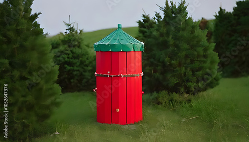 red green colors surround small decorative christmas stand outdoors